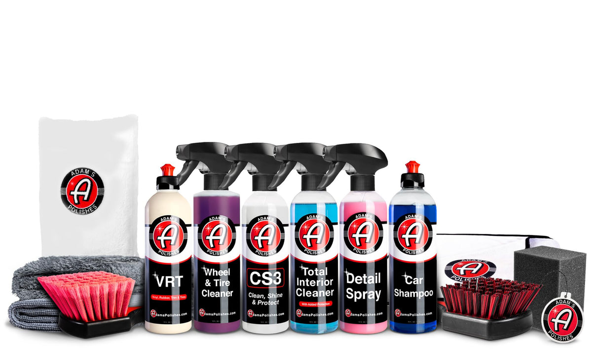 Adam's Polishes kit front packaging showing included bottles and accessories for complete care