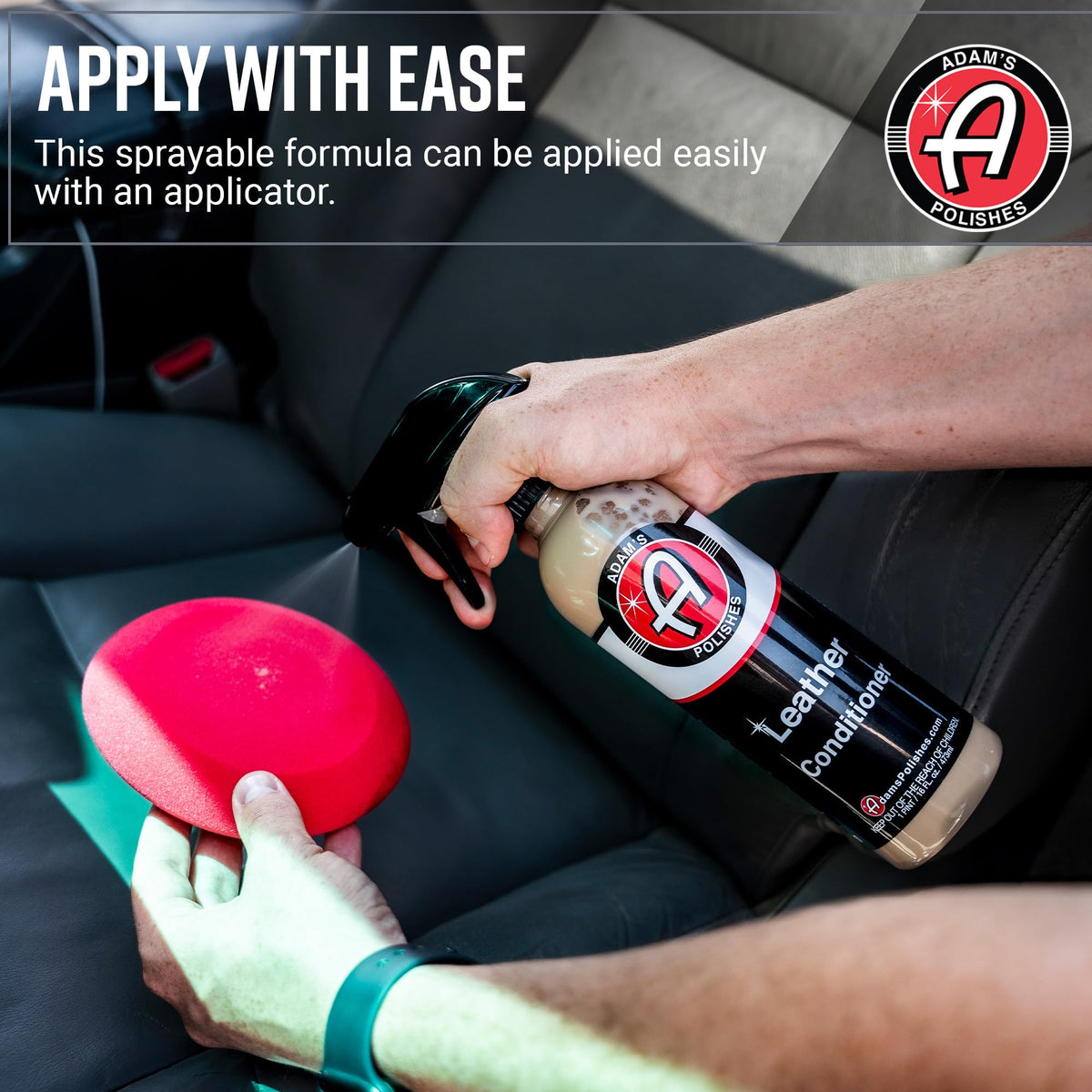 Adam's Polishes applied to a leather car seat by hand illustrating conditioning and moisture restoration