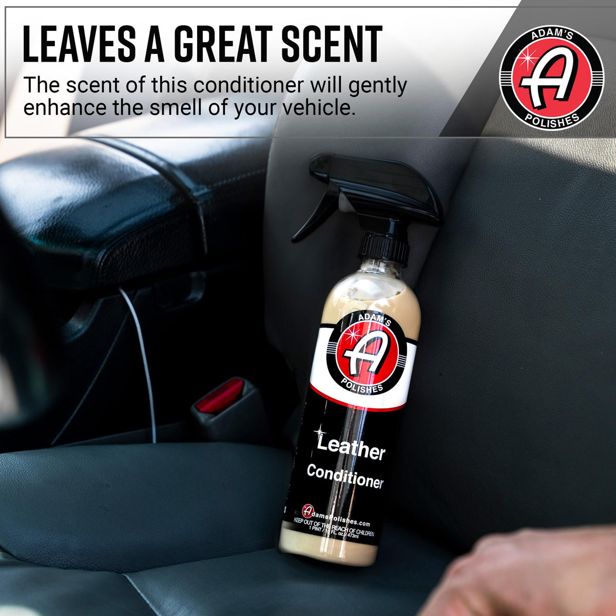 Adam's Polishes bottle staged inside car interior demonstrating practical use and UV protection benefits