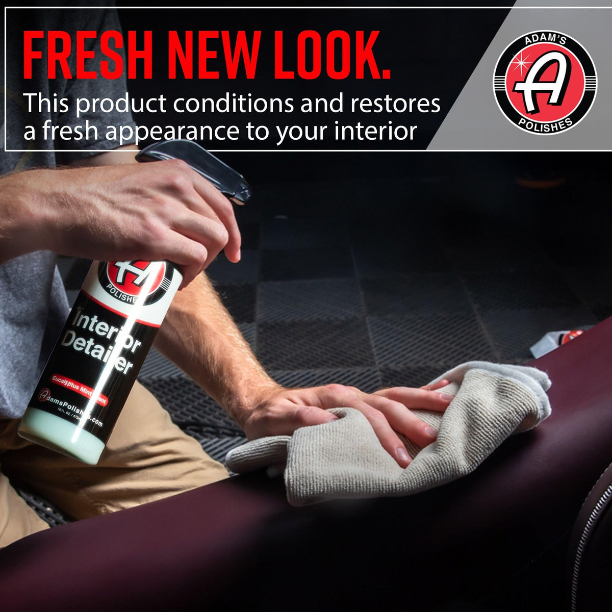 Adam's Polishes cleaning leather seat showing gentle conditioning and renewed appearance