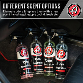 Adam's Polishes fine mist landing on fabric to neutralize odors quickly