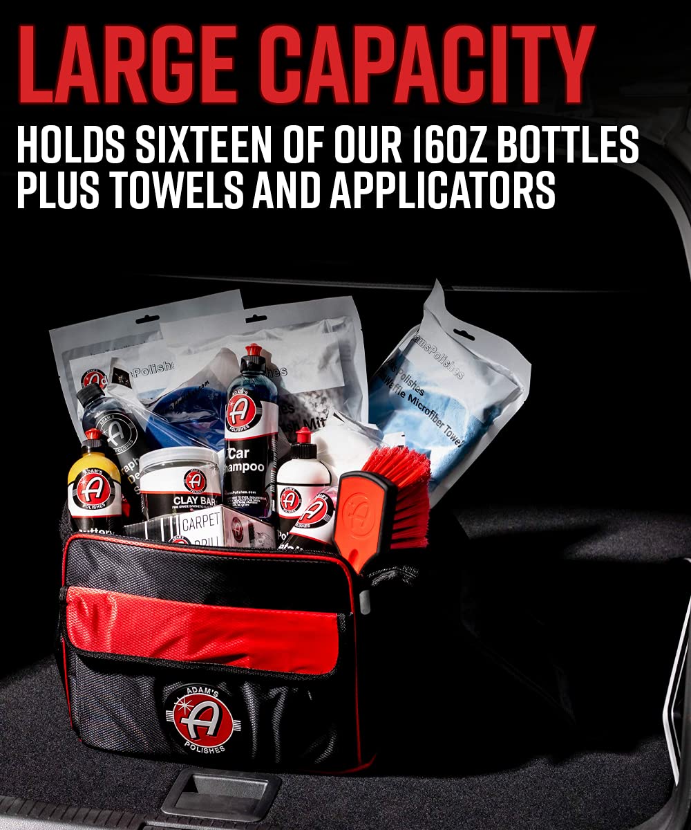 Adam's Polishes open-top filled with bottles and towels for quick access during detailing