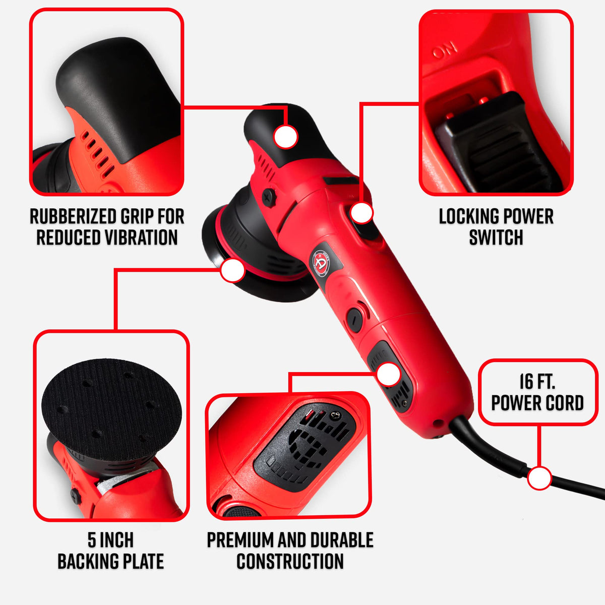 Adam's Polishes side grip close-up highlighting ergonomic handle and vibration reduction