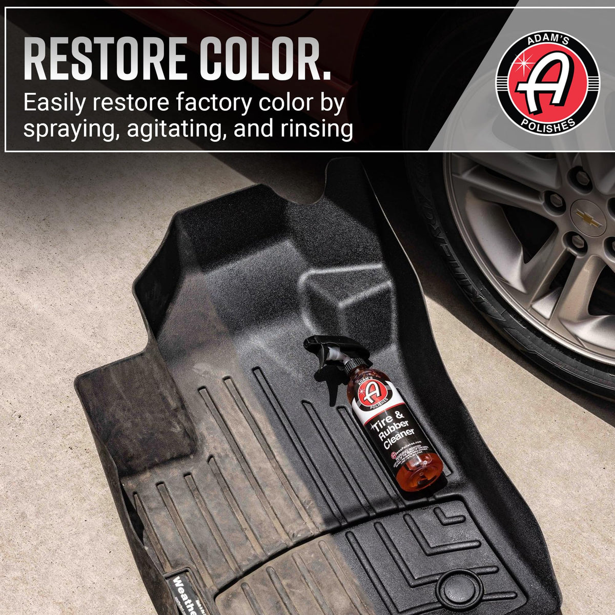 Adam's Polishes red solution on rubber showing visible coverage during cleaning