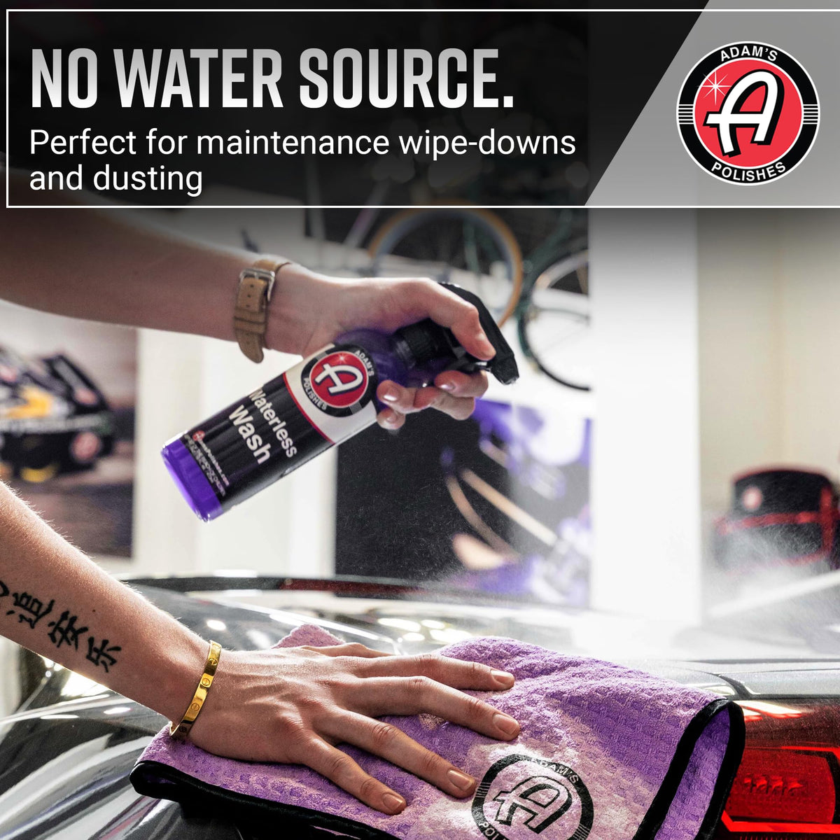Adam's Polishes spray mist applied to car door panel demonstrating easy use