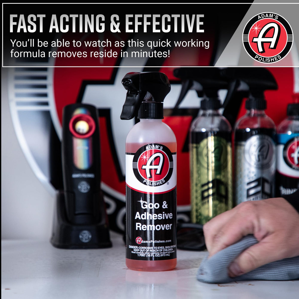 Adam's Polishes being applied to glass to dissolve adhesive and simplify cleanup