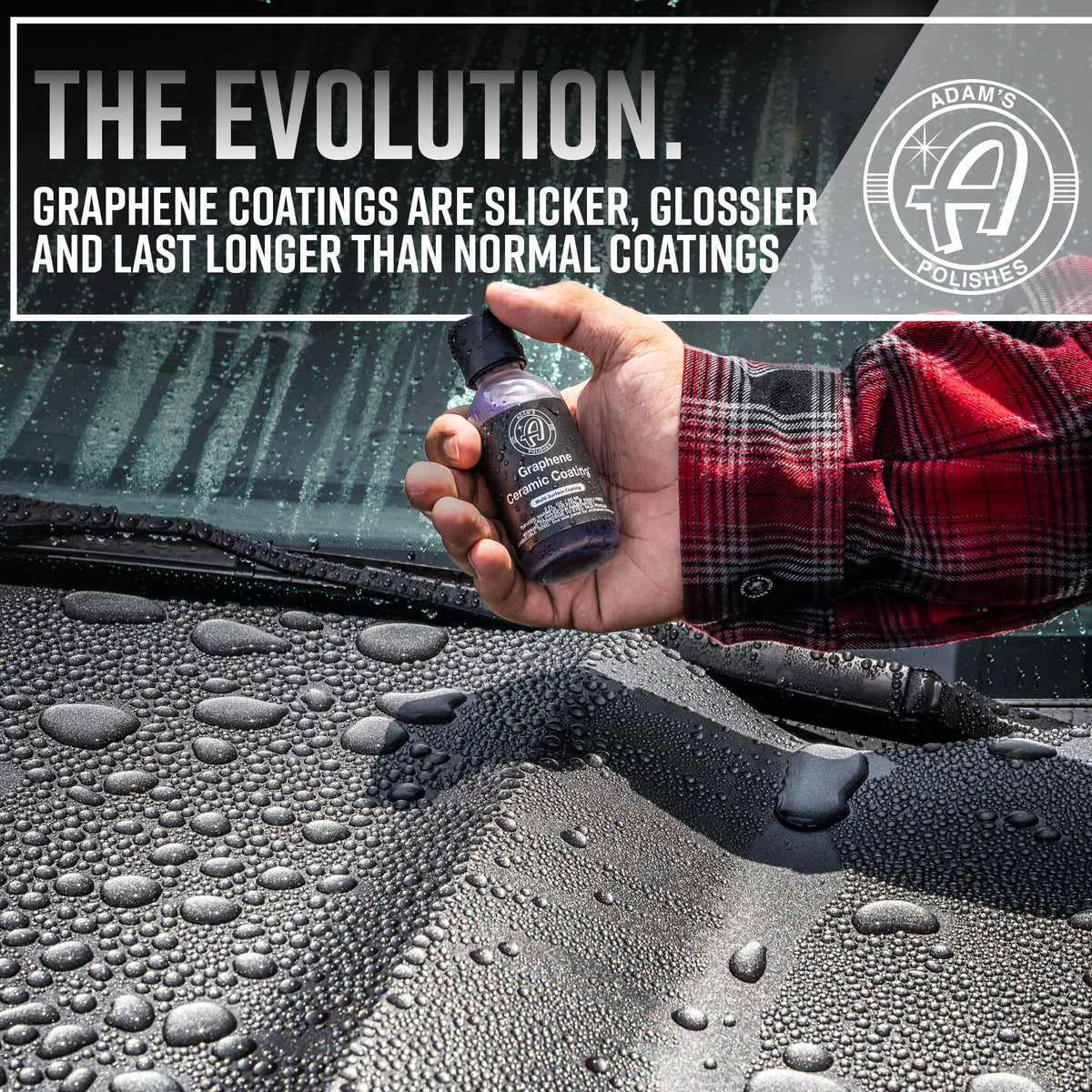 Adam's Polishes label close-up highlighting graphene ceramic formula benefit