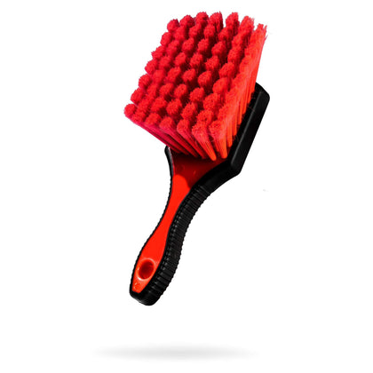 Adam's Polishes wheel brush front view showing rubberized handle and balanced grip