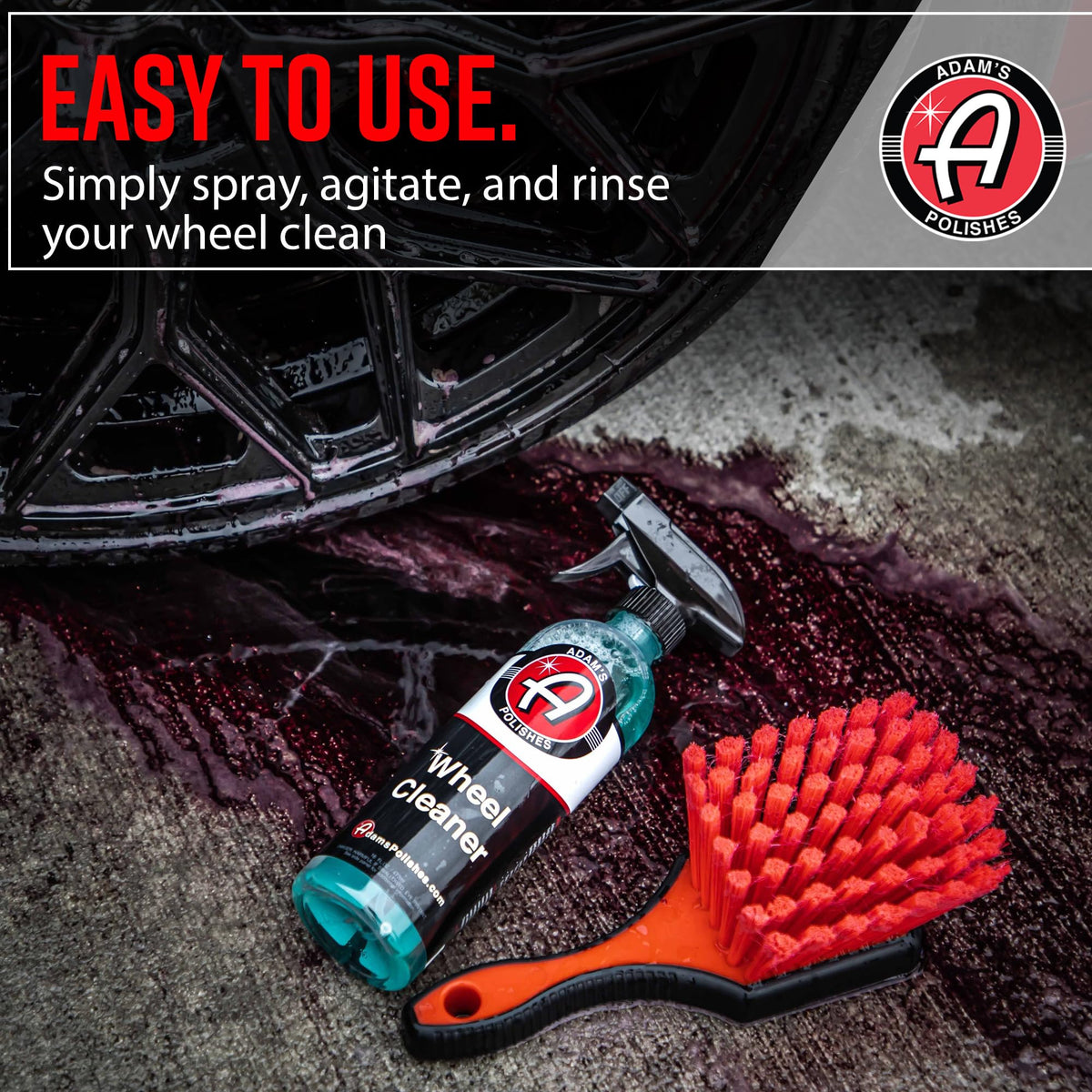 Adam's Polishes in a garage detailing setup with towels and brush showing professional cleaning results