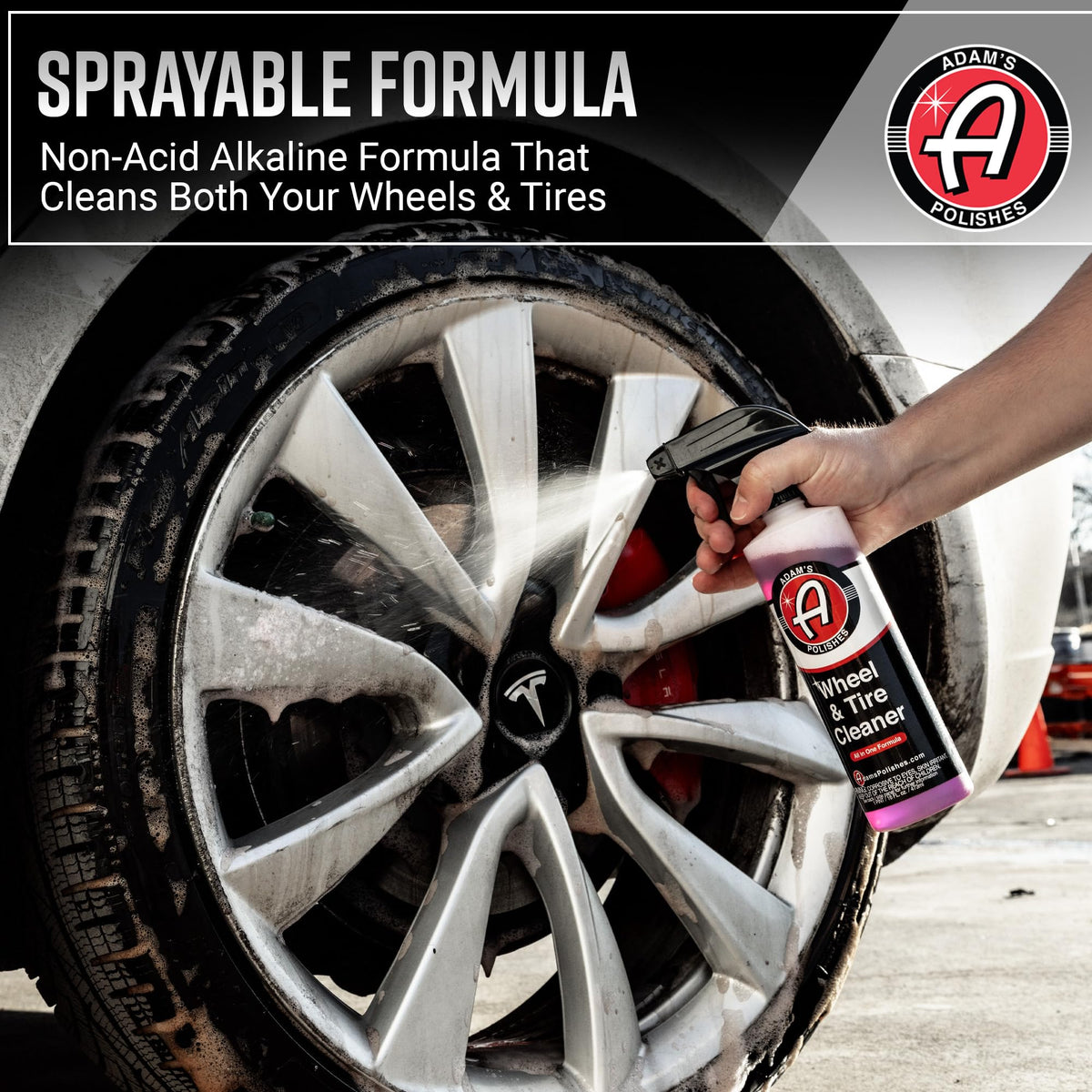 Adam's Polishes before and after wheel cleaning, showing restored rim finish and removed brake dust