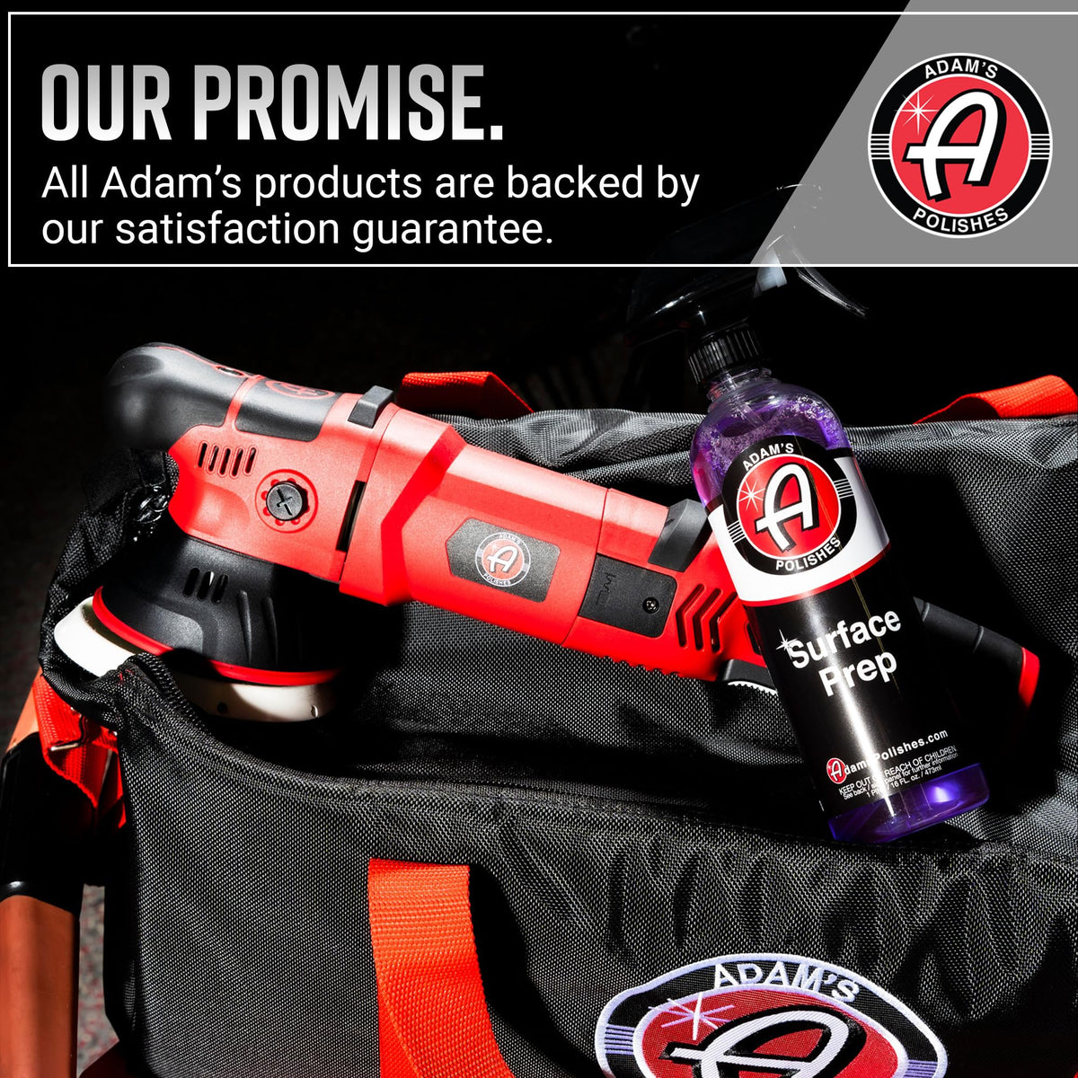 Adam's Polishes bottle on a garage bench highlighting professional use benefit