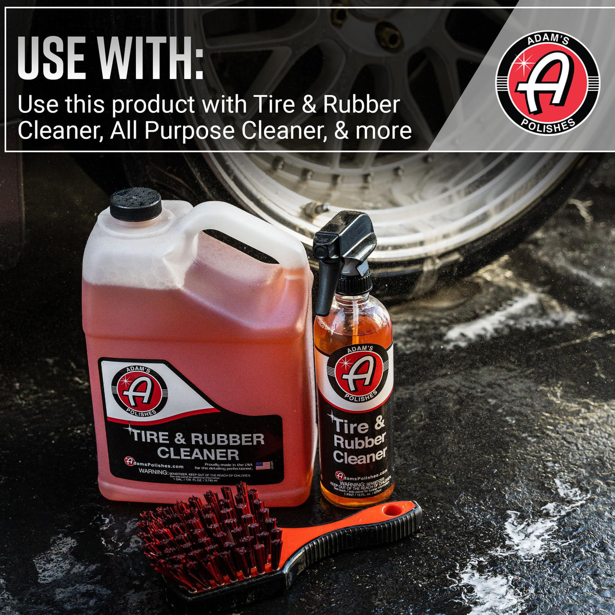 Adam's Polishes brush staged with cleaners in a detailing setup for efficient workflow