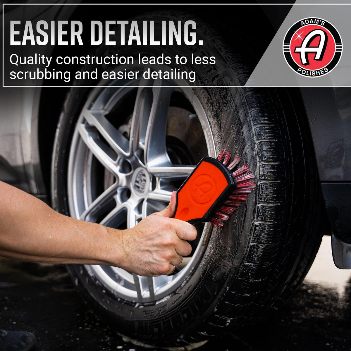 Adam's Polishes rubberized head protecting tire edges while scrubbing safely