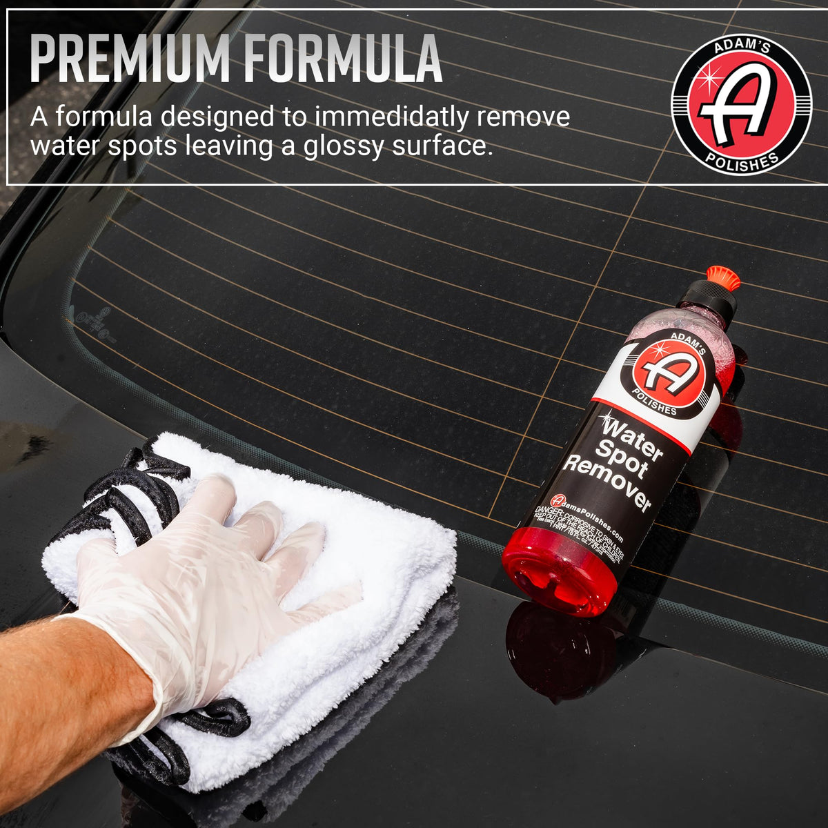 Adam's Polishes being wiped with a microfiber to lift water spots safely