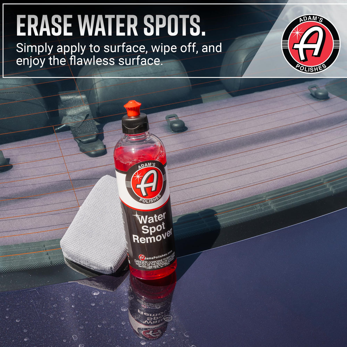 Adam's Polishes applied on shower door removing mineral deposits effectively