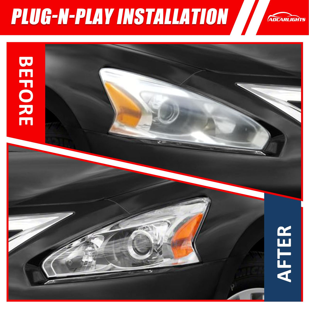 ADCARLIGHTS bulb socket area view showing plug-n-play connector convenience