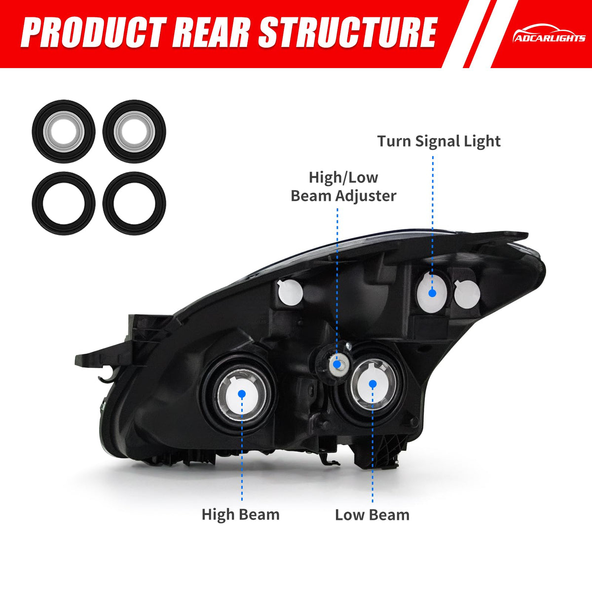 ADCARLIGHTS chrome reflector detail emphasizing factory-style finish and light distribution