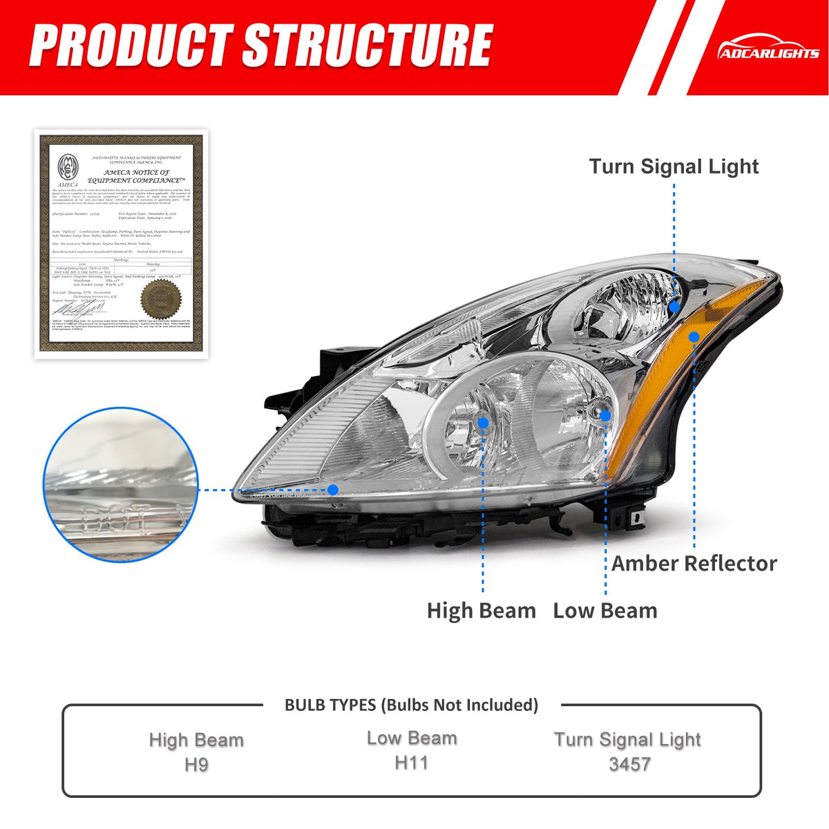 ADCARLIGHTS close-up of polycarbonate lens with UV coating, resists yellowing for clearer light