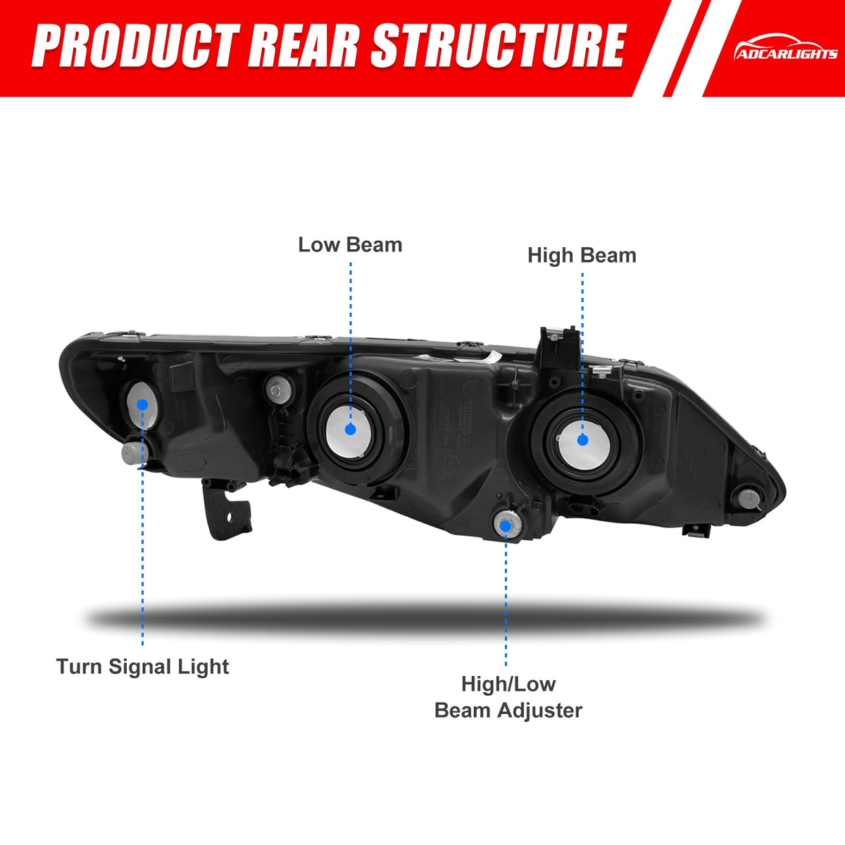 ADCARLIGHTS rear connector view showing plug-and-play wiring benefit