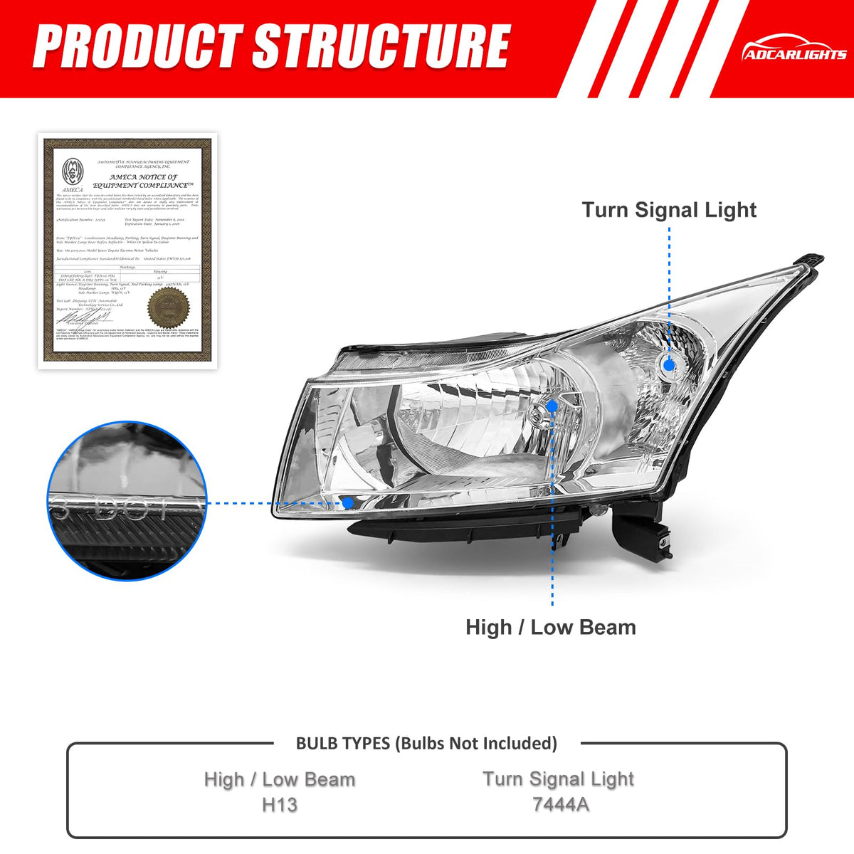 ADCARLIGHTS detail of side mounting points ensuring exact Chevy Cruze fit