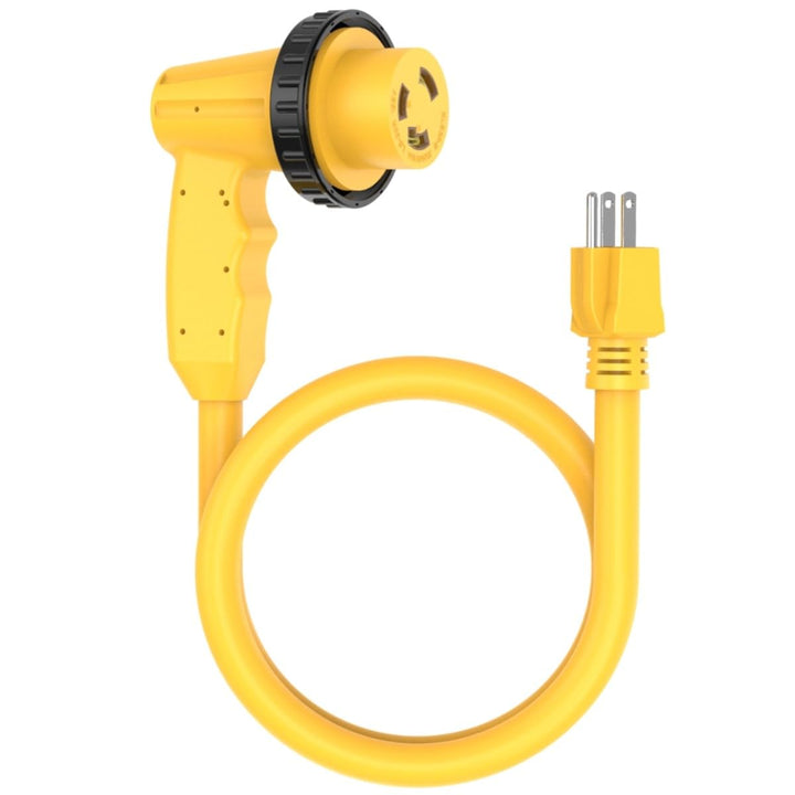 ADCAUDX front view of adapter showing L5-30R to 5-15P connection and secure fit