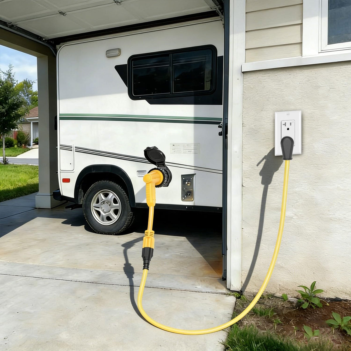 ADCAUDX adapter in use at RV shore power inlet demonstrating reduced inlet strain