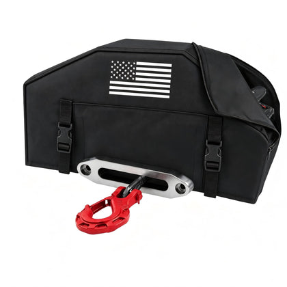 AddSafety flag-pattern front view showing full cover protecting winch for weather resistance