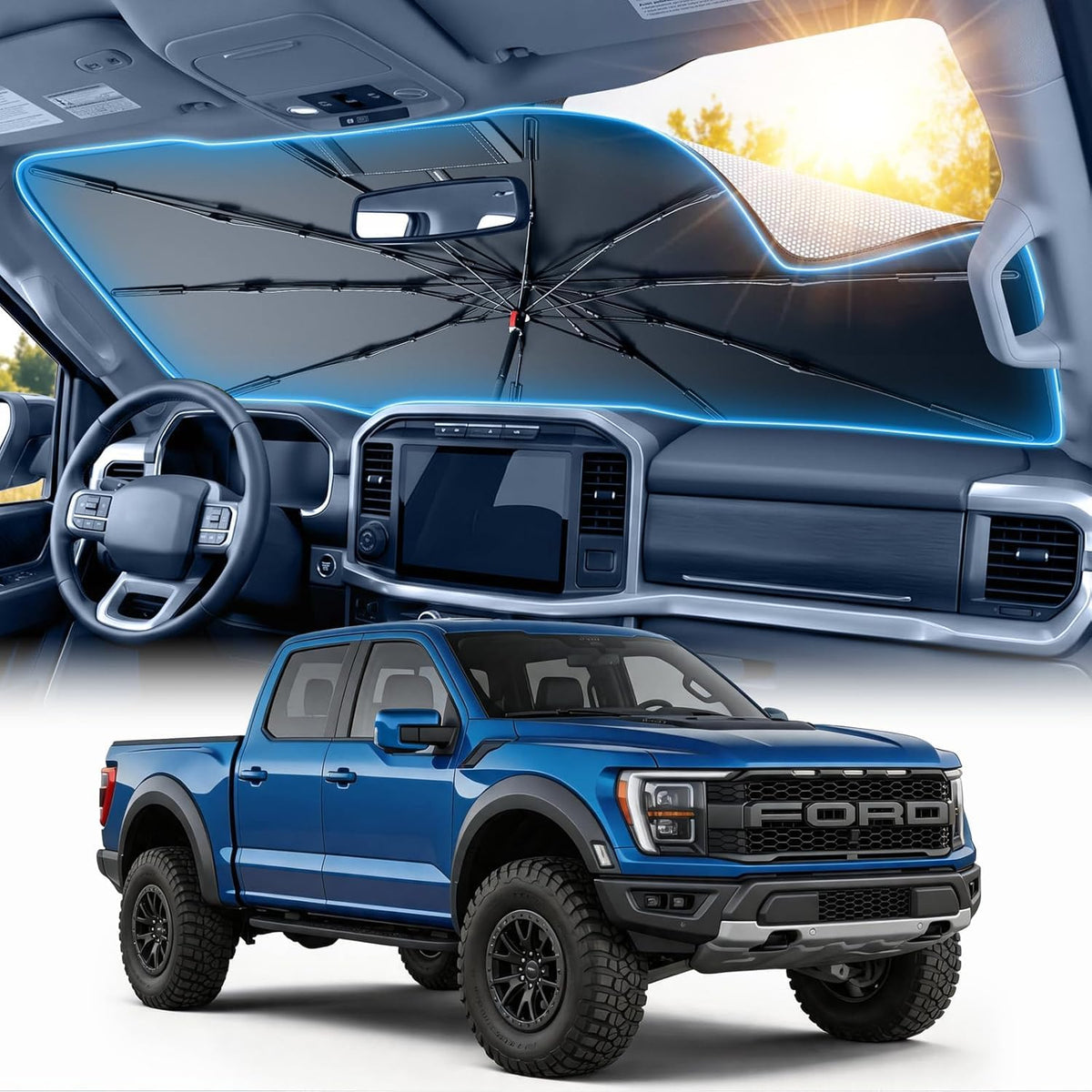 Adefor front view folded inside truck, protects windshield and interior
