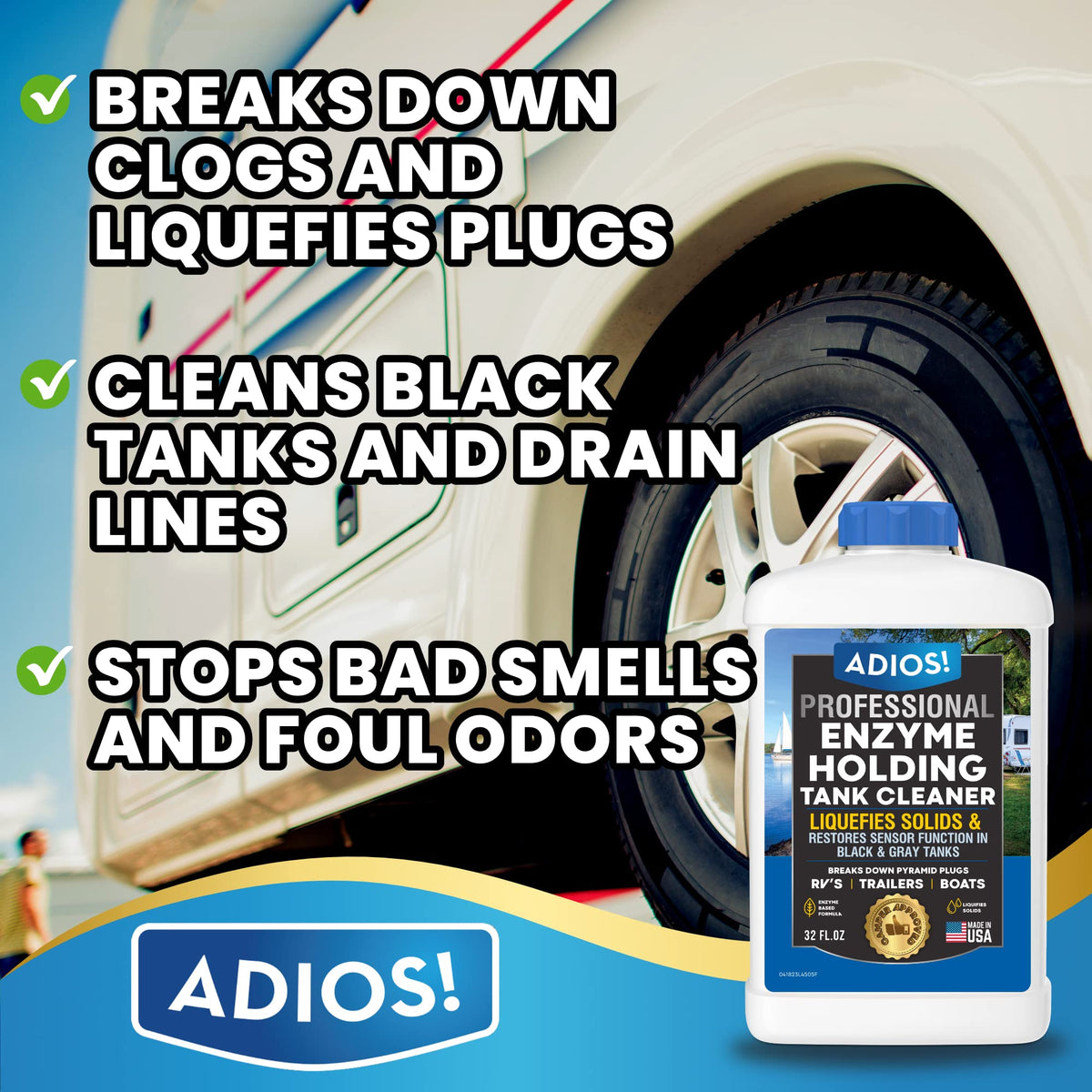 ADIOS! bottle cap and pour spout detail for easy, no‑spill application