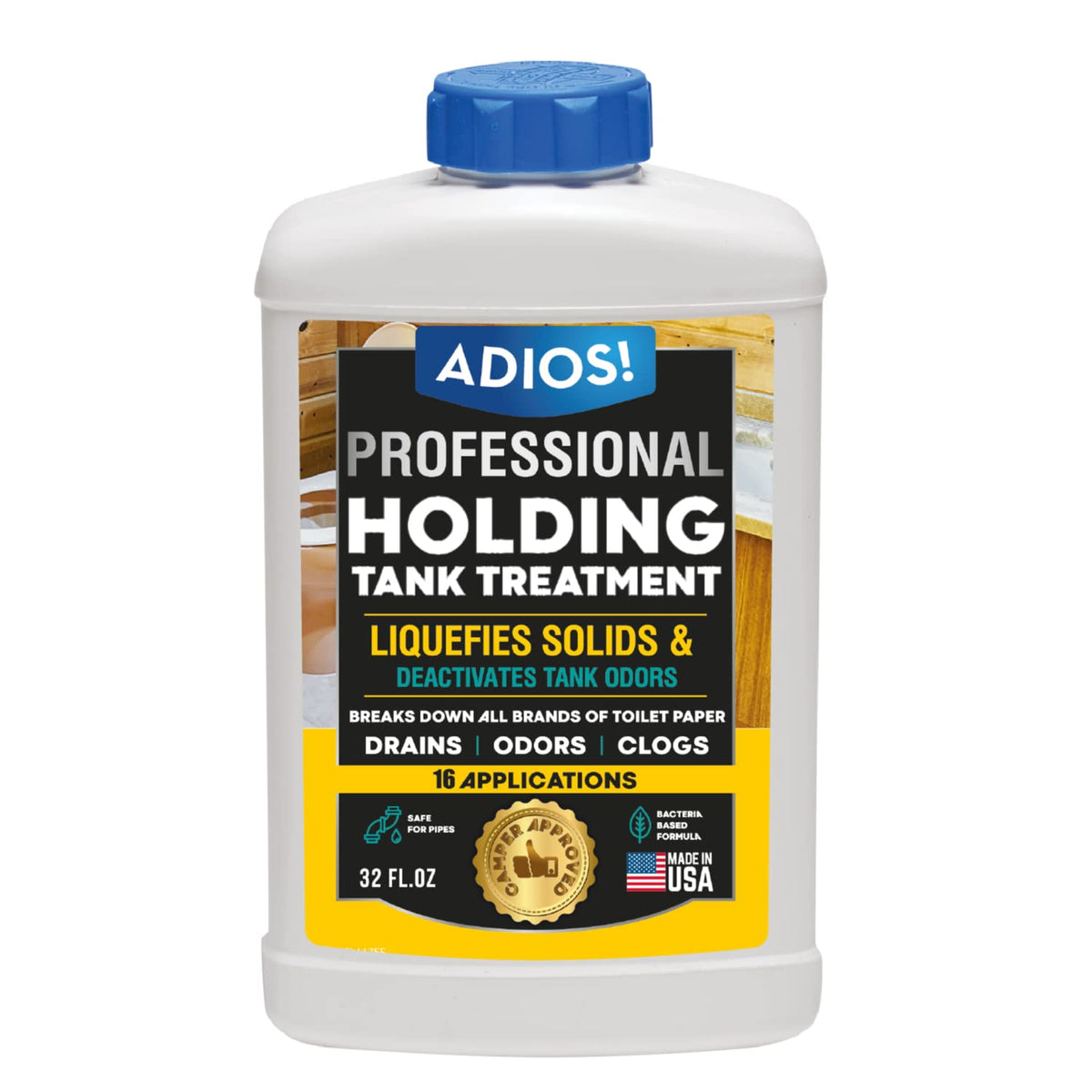 ADIOS! front label showing product name and 32oz size, clear benefit visible