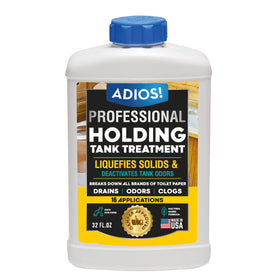 ADIOS! front label showing product name and 32oz size, clear benefit visible