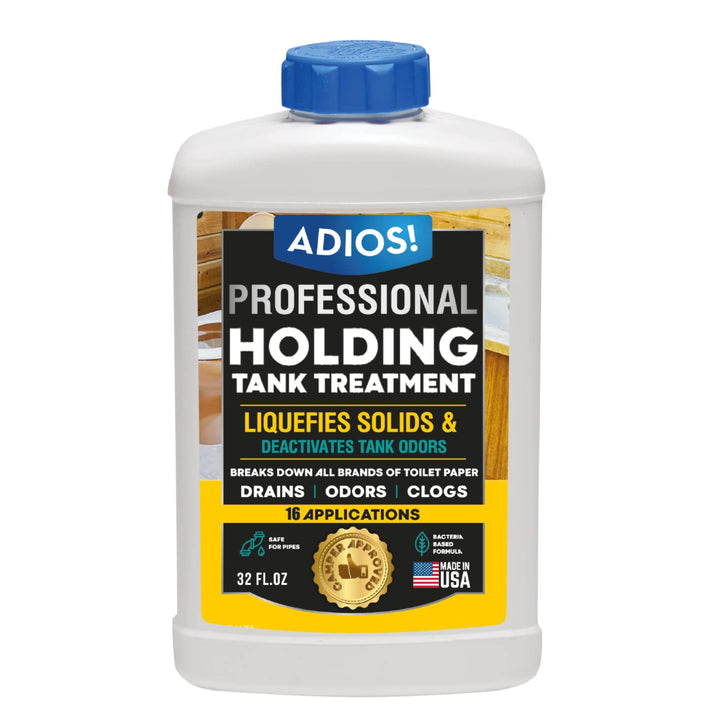 ADIOS! front label showing product name and 32oz size, clear benefit visible