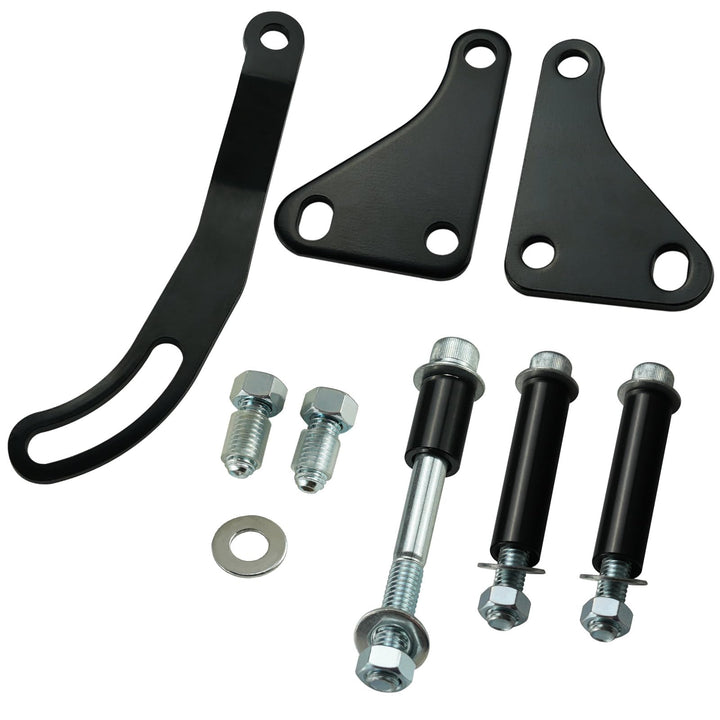 Adorish power steering bracket front view showing clean black finish and mounting holes for easy fitment