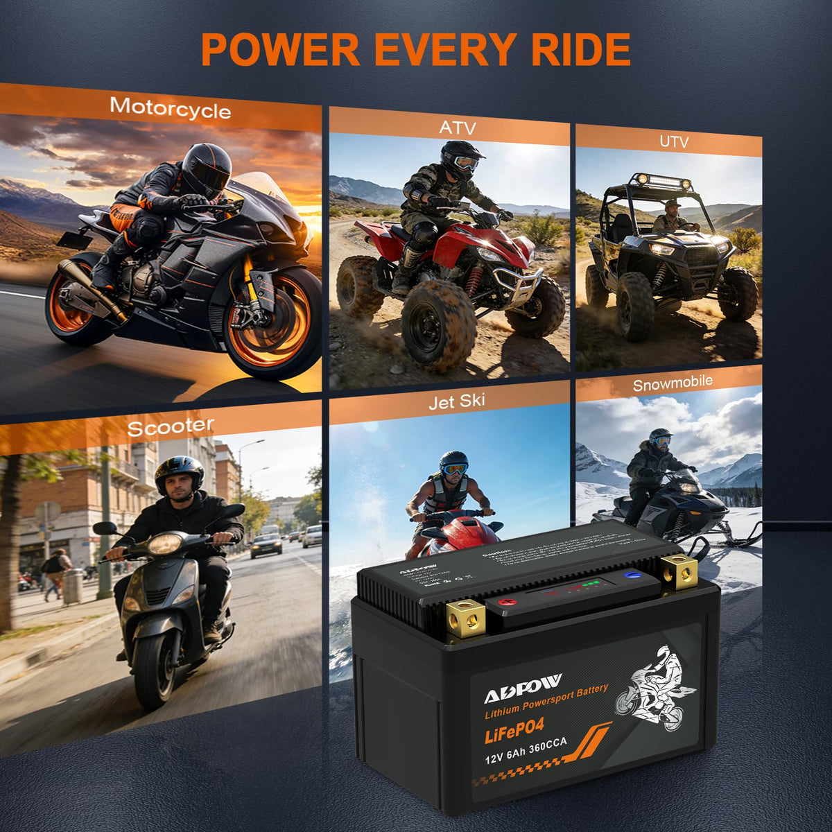 ADPOW battery on parked scooter in garage showing reliable start readiness