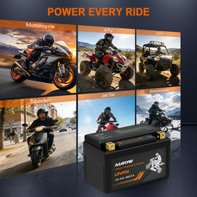ADPOW battery on parked scooter in garage showing reliable start readiness