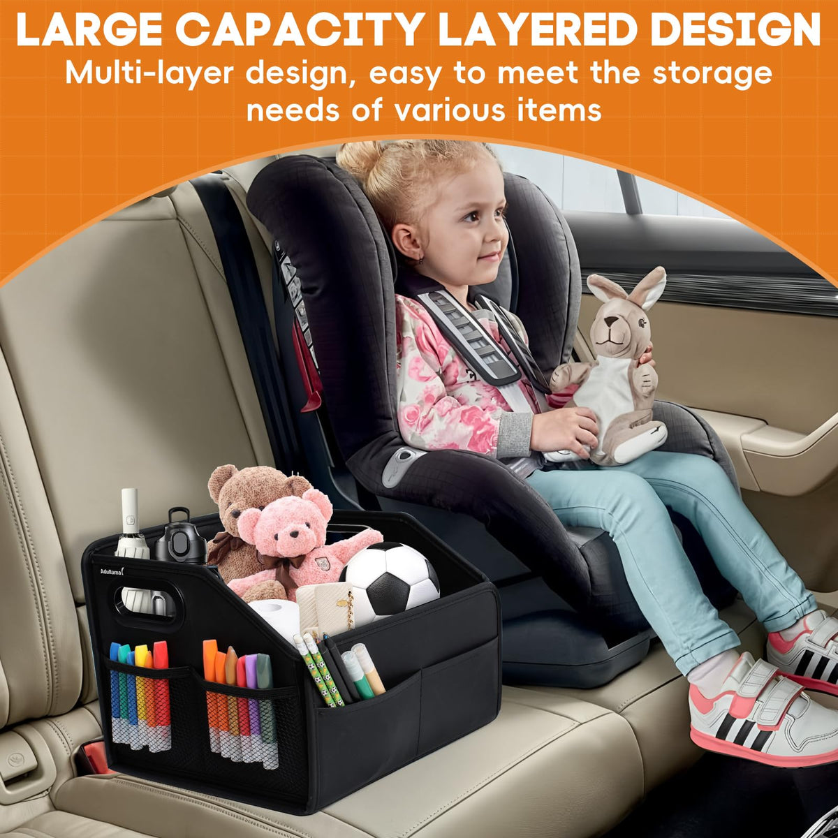 Adullama in car interior lifestyle image showing neat floor organization benefit