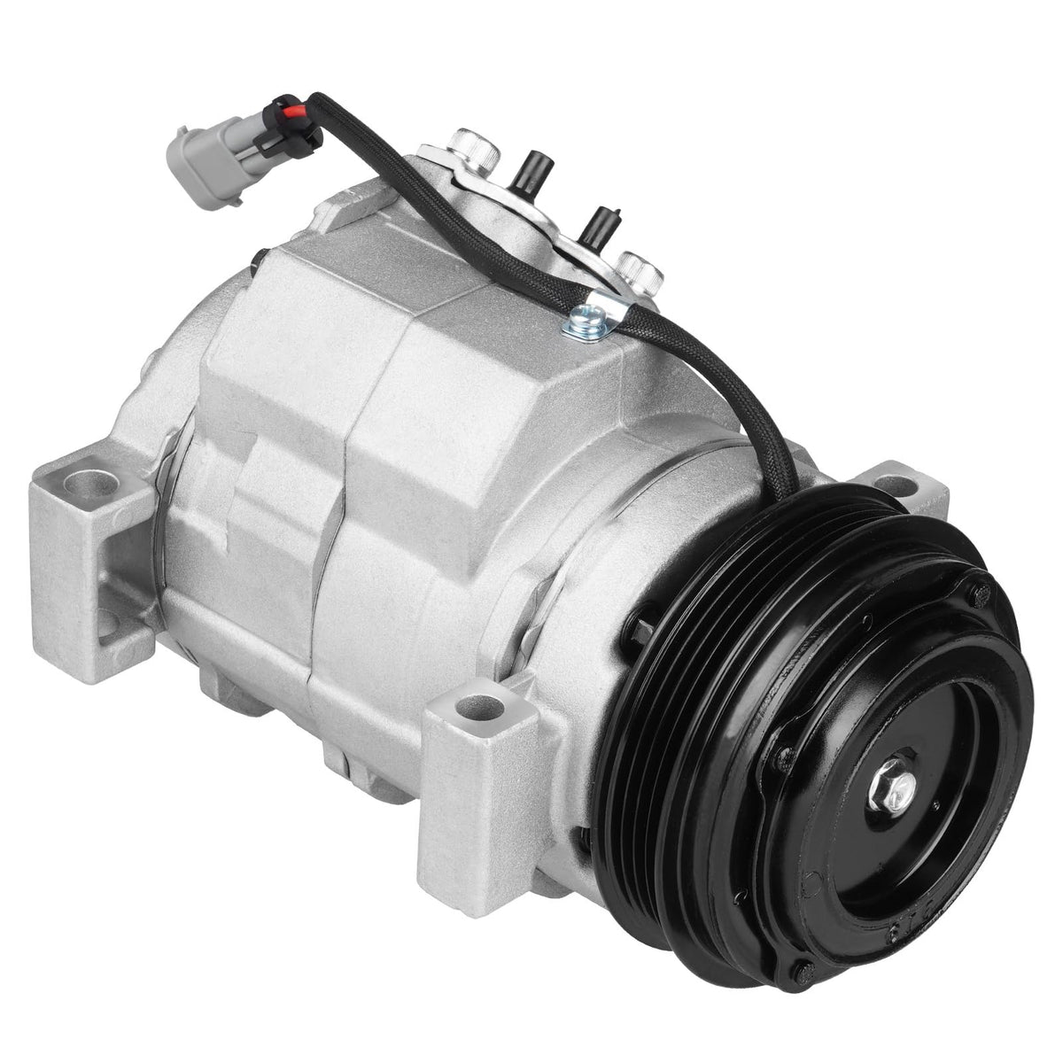 Aeagle AC compressor front view showing flange and fittings, ensures direct-fit replacement