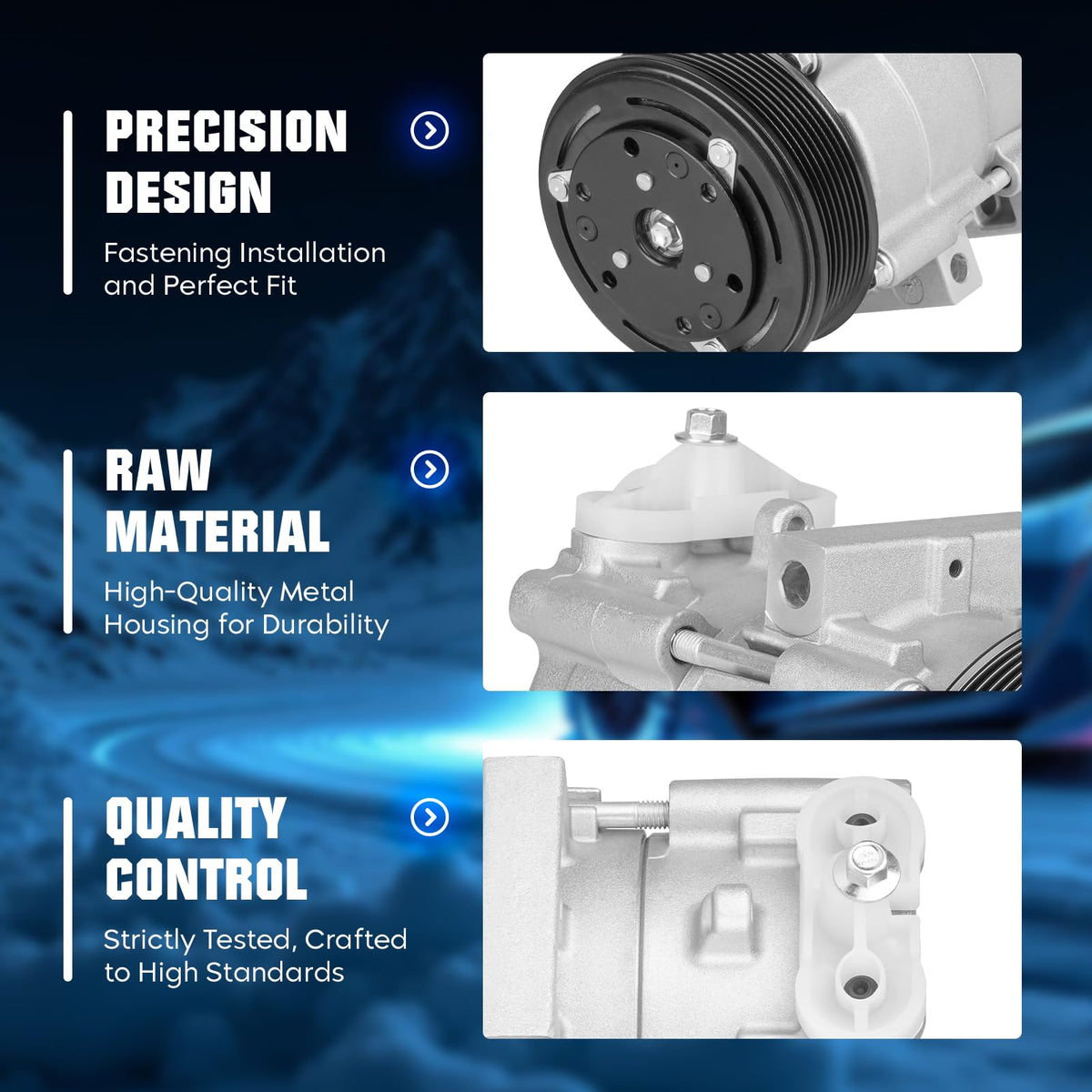 Aeagle compressor installed in Ford engine bay demonstrating direct-fit benefit
