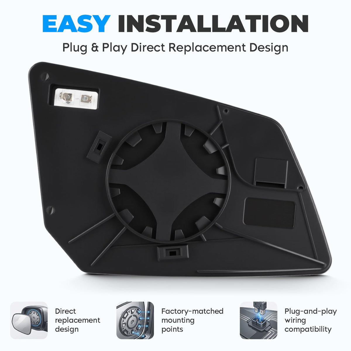 Aeagle heated mirror back with ABS backing visible for durable mounting benefit