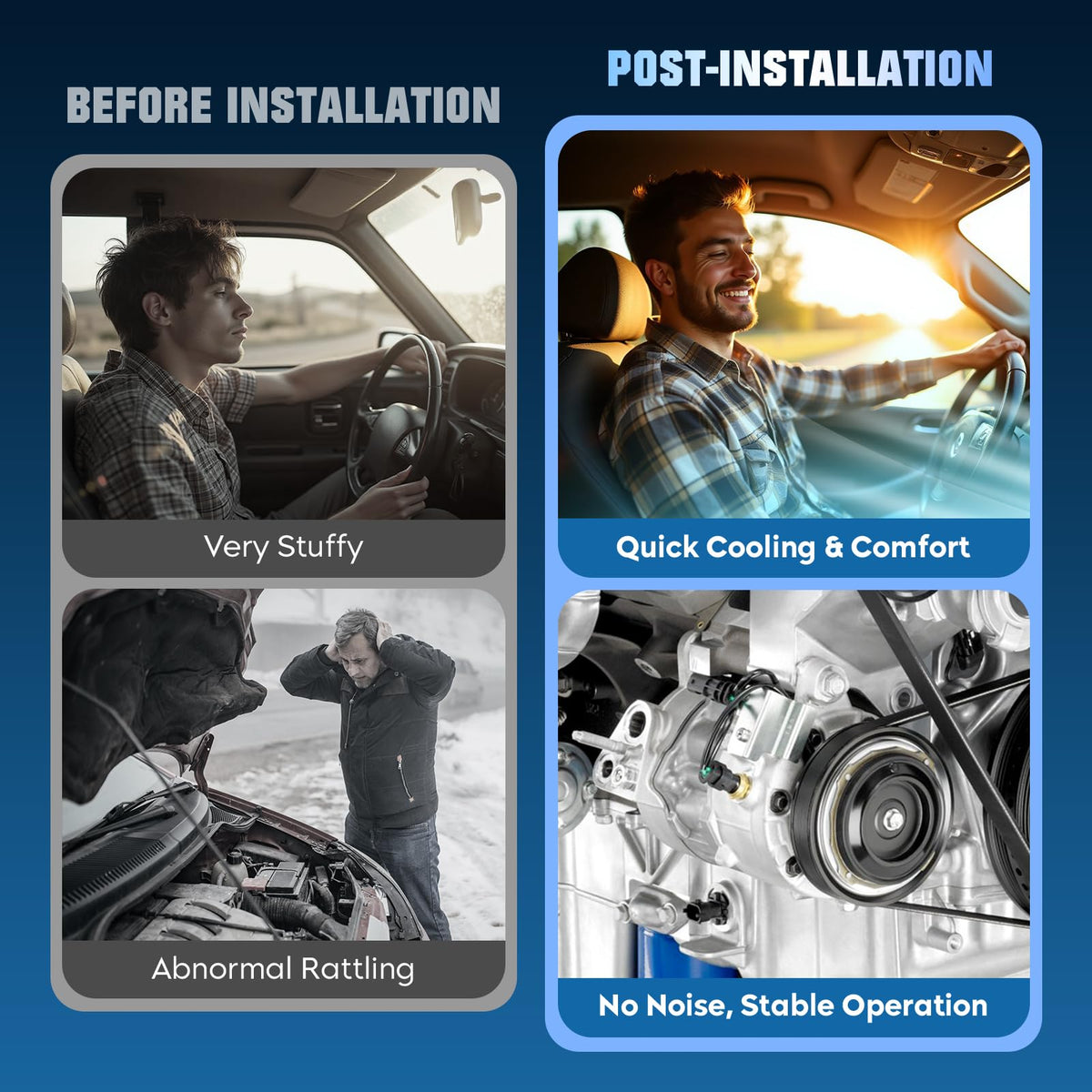 Aeagle compressor installed in engine bay demonstrating direct-fit replacement