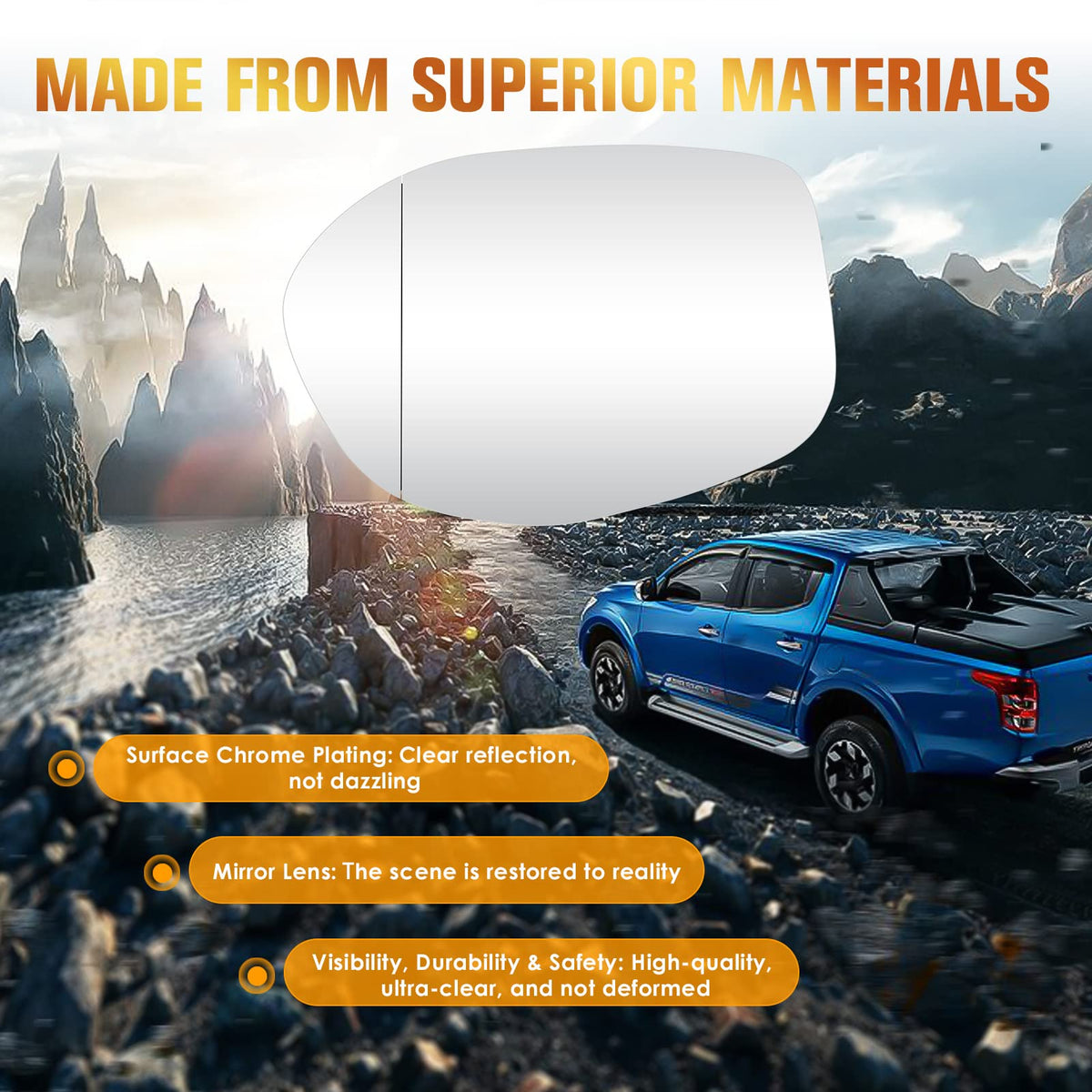 Aeagle mirror in rainy street scene showing heated function improving visibility