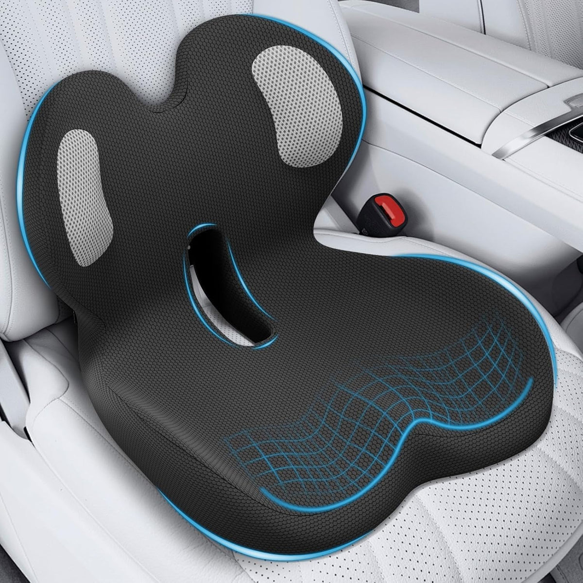AEGIS CAR SEAT COVER front view showing full L-shaped support and improved comfort