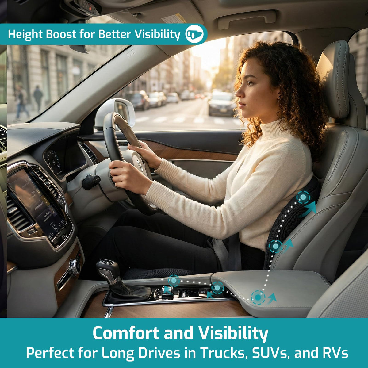 AEGIS CAR SEAT COVER installed in truck cabin showing stable fit and driver visibility