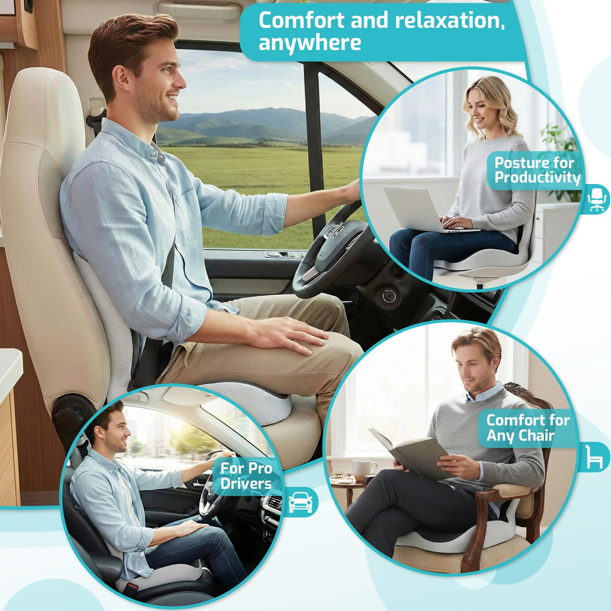 AEGIS CAR SEAT COVER lifestyle shot with driver using cushion showing comfortable long-drive support