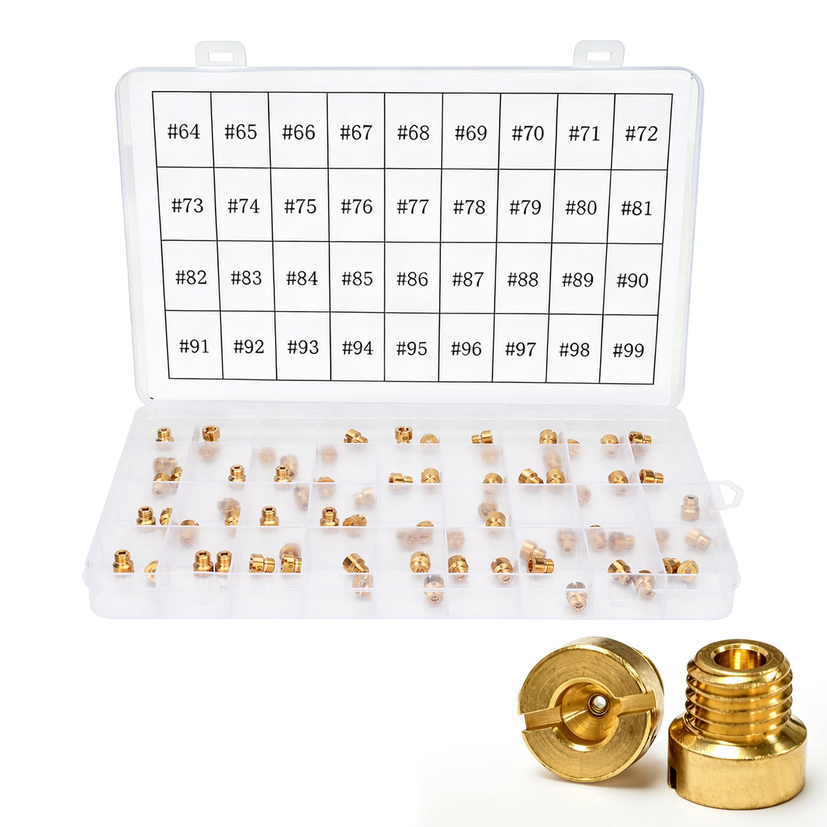 AegisAutos front packaging showing 72-piece Holley main jet kit and clear case for organized storage