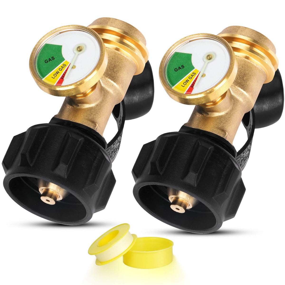 Aekops front view of two-pack propane gauges showing packaging and benefits