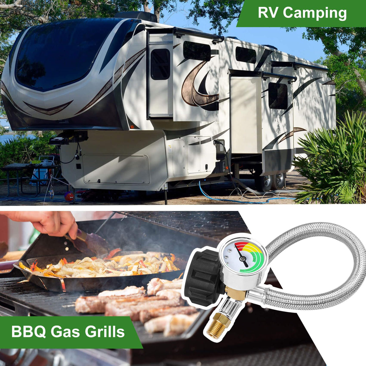 Aekops hoses installed on RV in campsite conveying reliable outdoor use