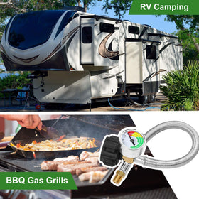 Aekops hoses installed on RV in campsite conveying reliable outdoor use