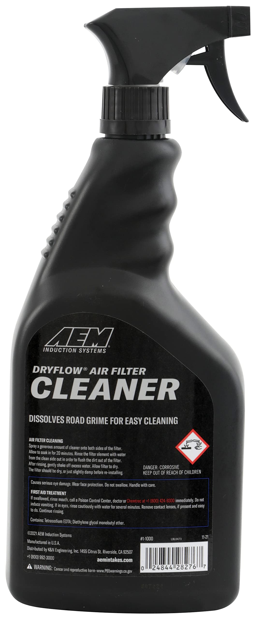 Close-up of AEM trigger sprayer nozzle applying cleaner, precise application advantage