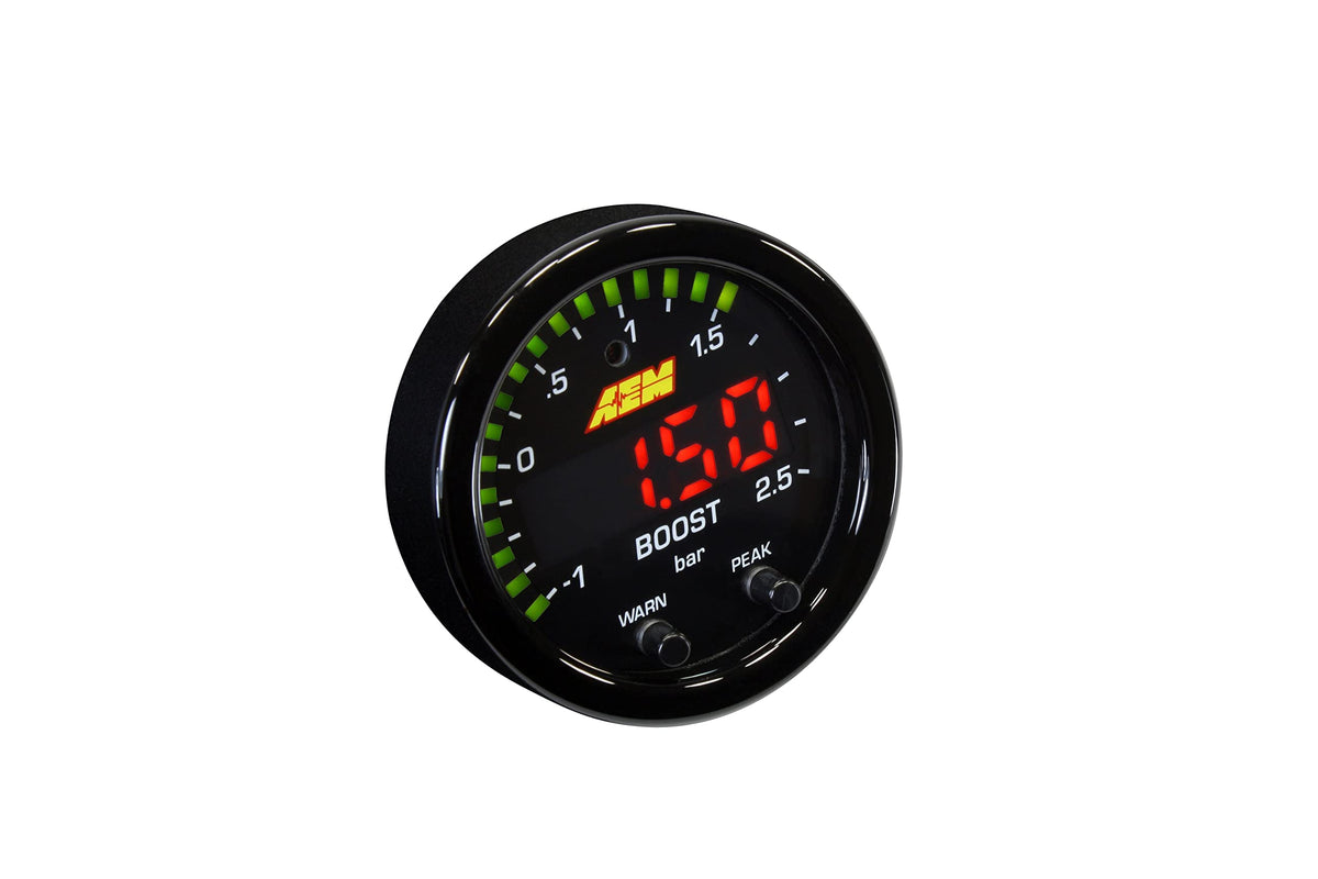 AEM X-Series boost gauge front view showing clear black faceplate and readable markings for fast checks
